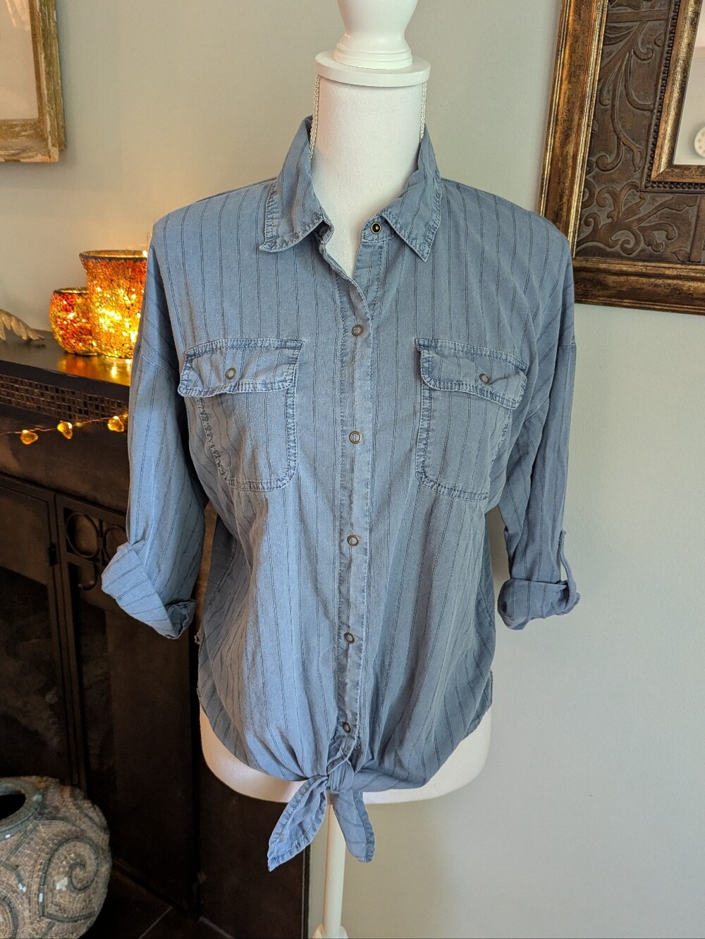 XCVI Women's Medium Kato Tie-Front Stripe Linen Top Blue Half Sleeve Knit Back
